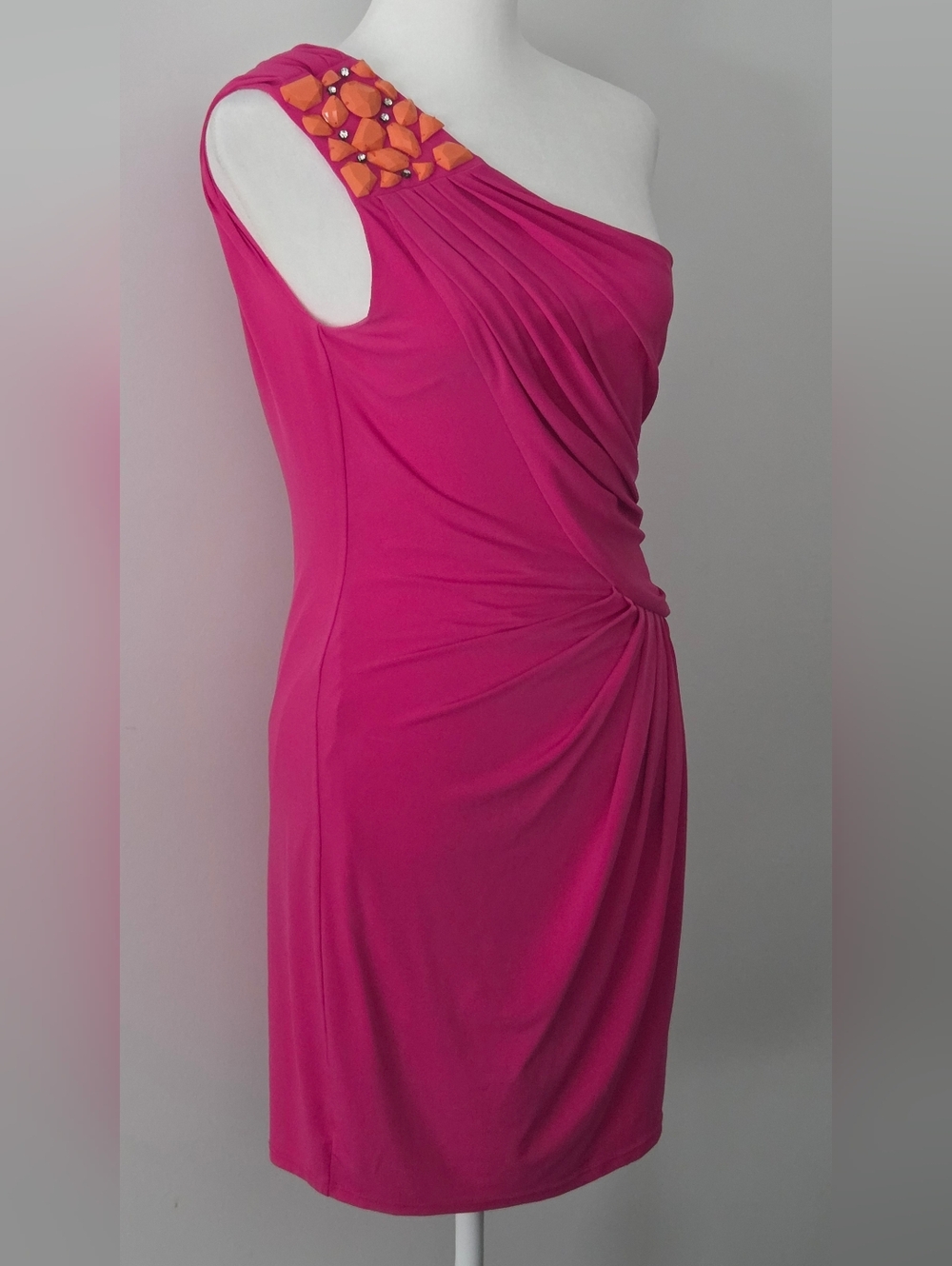 Max & Cleo One-Shoulder Magenta Dress with Orange Beaded Strap - Picture 2 of 5